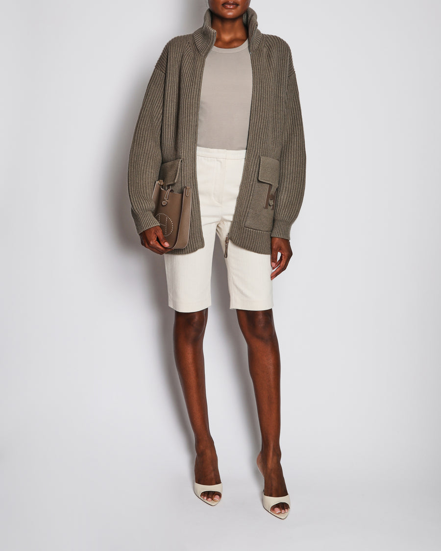 Hermes Taupe H Jacket Cardigan in Wool with Leather H Detailed Pocket Size FR 36 ( UK 8)