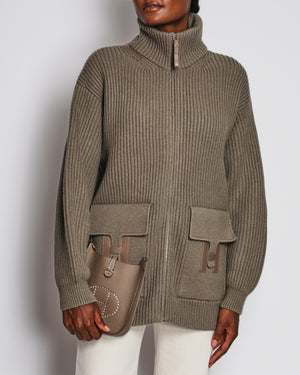 Hermes Taupe H Jacket Cardigan in Wool with Leather H Detailed Pocket Size FR 36 ( UK 8)