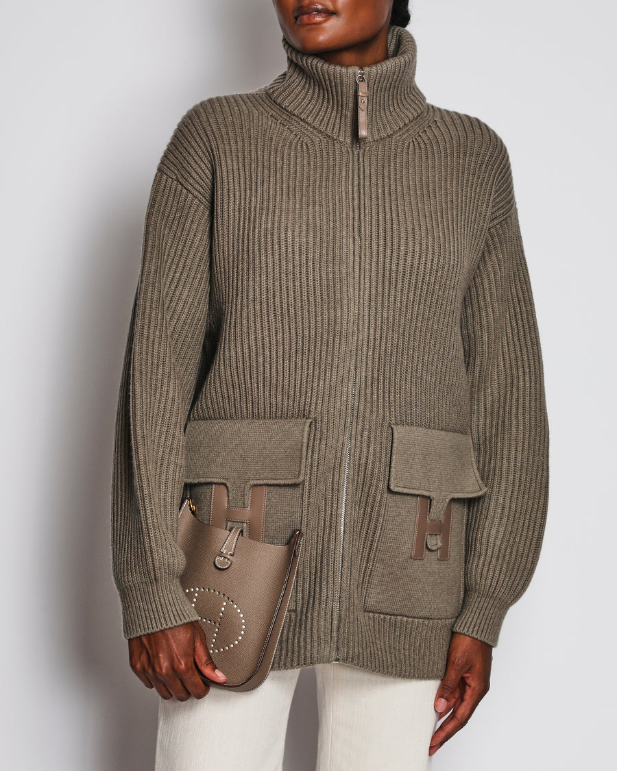 Hermes Taupe H Jacket Cardigan in Wool with Leather H Detailed Pocket Size FR 36 ( UK 8)