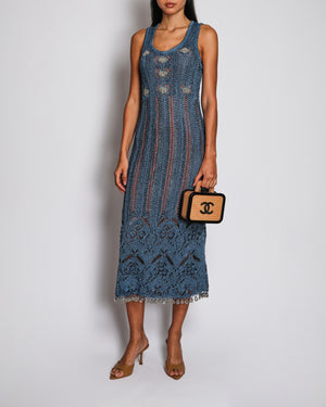 Paco Rabanne Blue Metallic Open-Knit Midi Dress with Beaded Embellishments and Trim Size UK 8