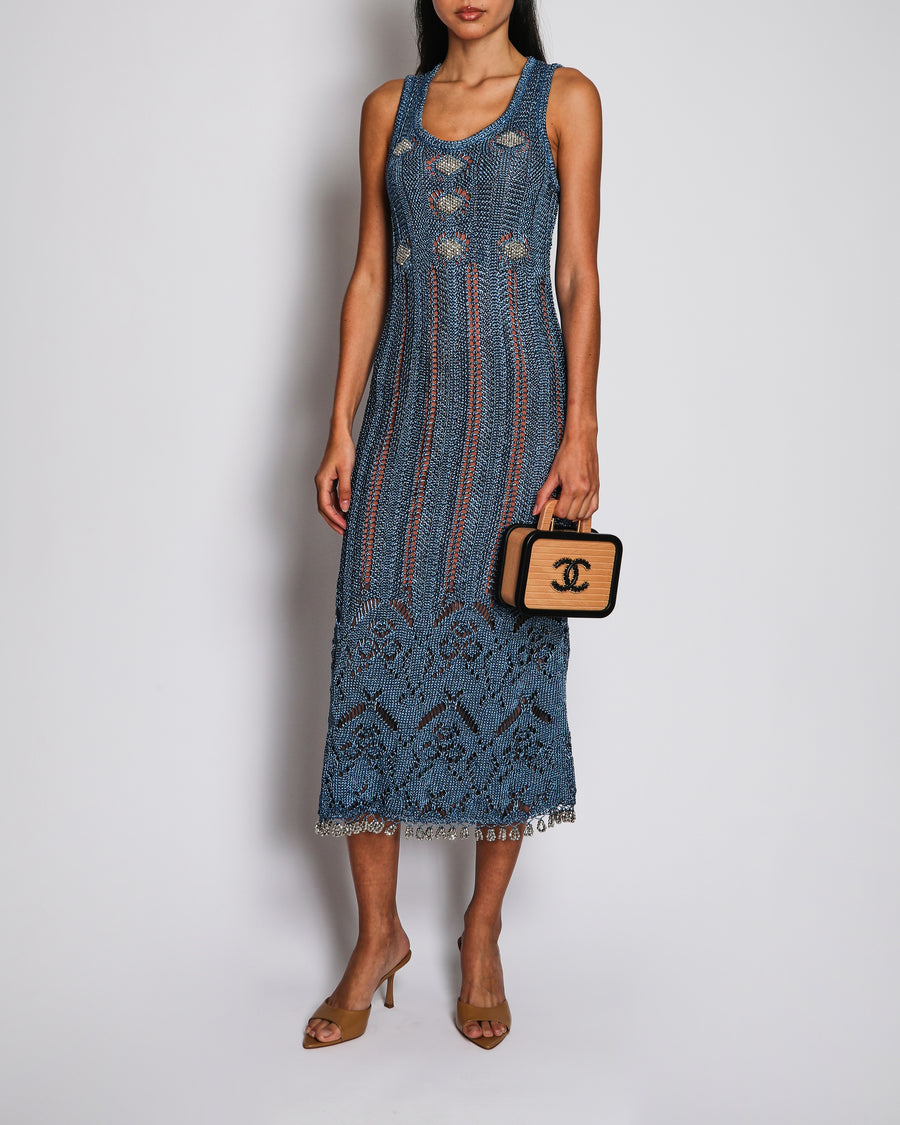 Paco Rabanne Blue Metallic Open-Knit Midi Dress with Beaded Embellishments and Trim Size UK 8