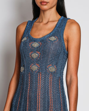 Paco Rabanne Blue Metallic Open-Knit Midi Dress with Beaded Embellishments and Trim Size UK 8