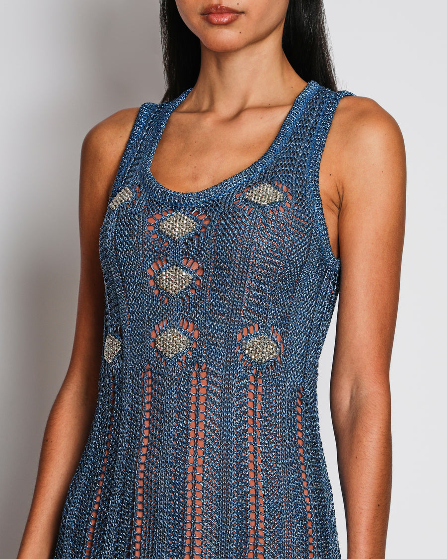 Paco Rabanne Blue Metallic Open-Knit Midi Dress with Beaded Embellishments and Trim Size UK 8