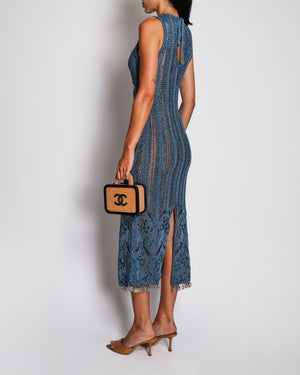 Paco Rabanne Blue Metallic Open-Knit Midi Dress with Beaded Embellishments and Trim Size UK 8