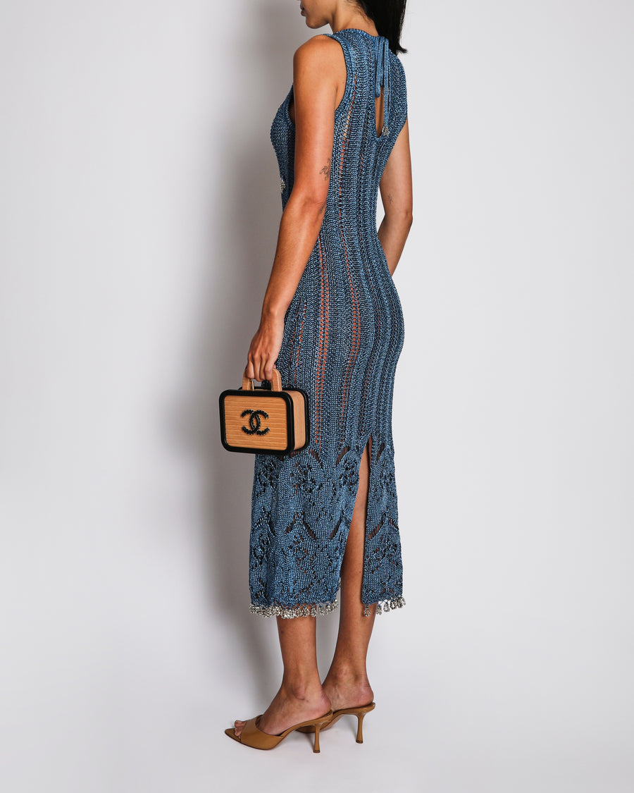 Paco Rabanne Blue Metallic Open-Knit Midi Dress with Beaded Embellishments and Trim Size UK 8