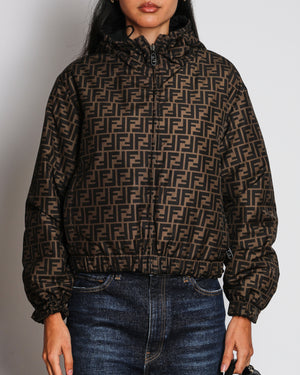 Fendi Brown Reversible FF Logo Print Cropped Puffer Jacket with Drawstring Hood Size S (UK 8)