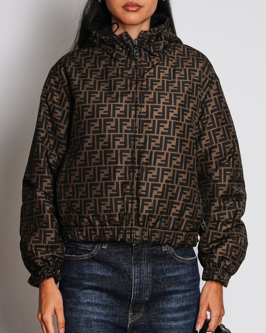 Fendi Brown Reversible FF Logo Print Cropped Puffer Jacket with Drawstring Hood Size S (UK 8)