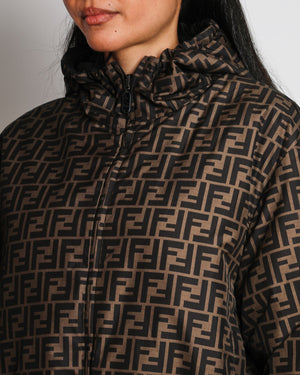 Fendi Brown Reversible FF Logo Print Cropped Puffer Jacket with Drawstring Hood Size S (UK 8)