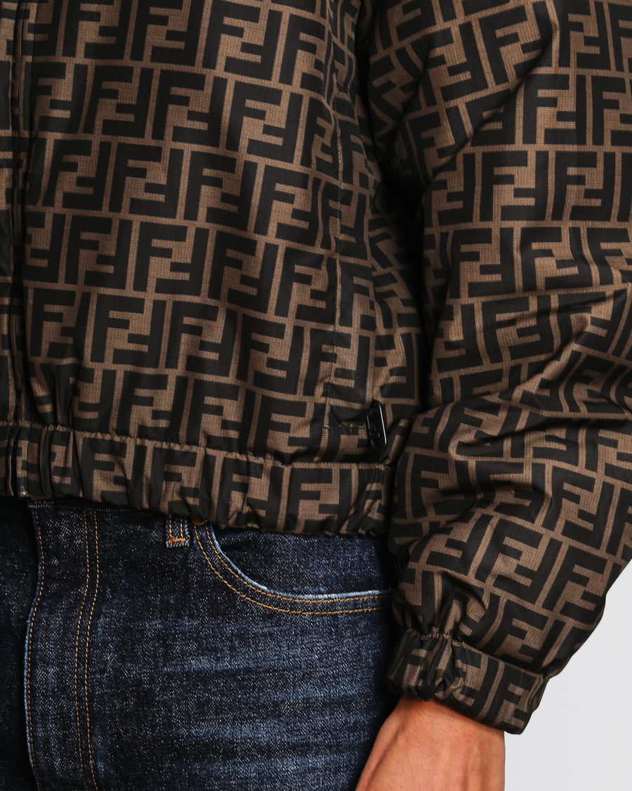 Fendi Brown Reversible FF Logo Print Cropped Puffer Jacket with Drawstring Hood Size S (UK 8)