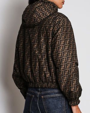 Fendi Brown Reversible FF Logo Print Cropped Puffer Jacket with Drawstring Hood Size S (UK 8)