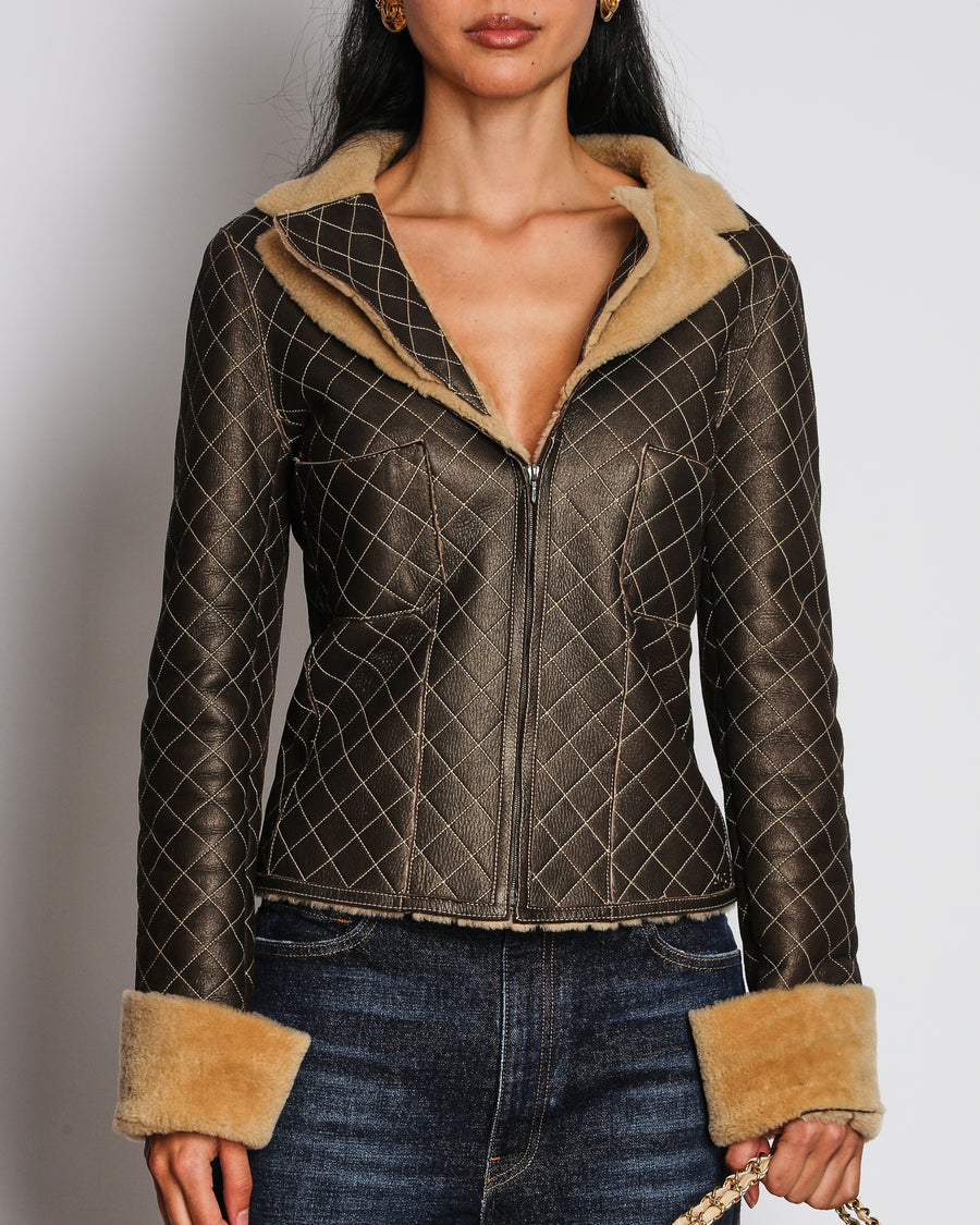 Chanel 04A Brown Quilted Leather Jacket with Shearling Lining and Collar Size FR 42 (UK 14)