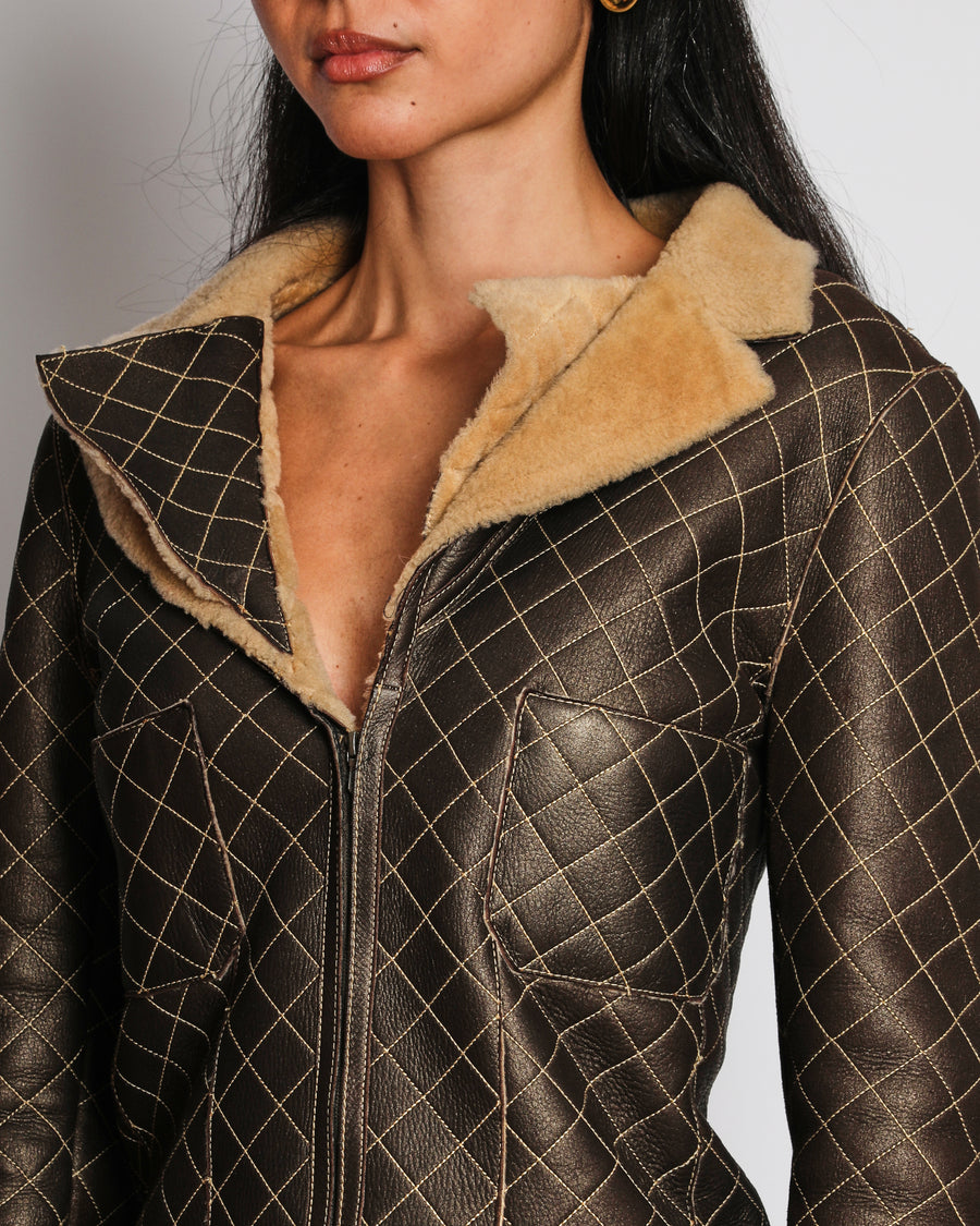 Chanel 04A Brown Quilted Leather Jacket with Shearling Lining and Collar Size FR 42 (UK 14)