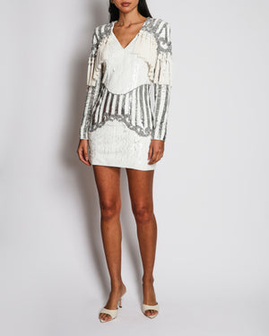 Balmain White and Silver Sequin Embellished Long-Sleeve Mini Dress with Tassel Details Size FR 36 (UK 8)