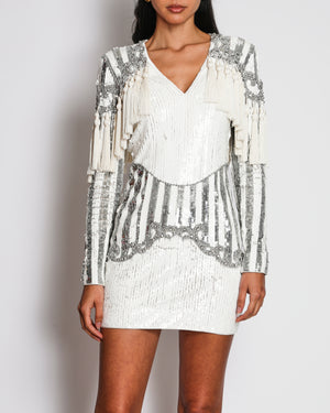 Balmain White and Silver Sequin Embellished Long-Sleeve Mini Dress with Tassel Details Size FR 36 (UK 8)