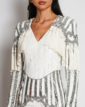 Balmain White and Silver Sequin Embellished Long-Sleeve Mini Dress with Tassel Details Size FR 36 (UK 8)