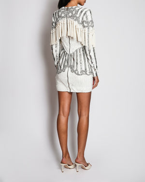 Balmain White and Silver Sequin Embellished Long-Sleeve Mini Dress with Tassel Details Size FR 36 (UK 8)