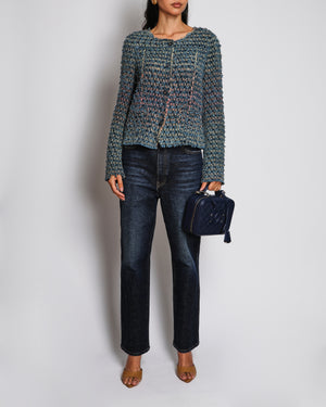 Chanel Blue Frayed Tweed Jacket with Denim CC Logo Buttons Size FR 42 (UK 14)