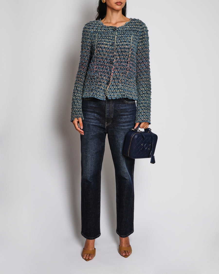 Chanel Blue Frayed Tweed Jacket with Denim CC Logo Buttons Size FR 42 (UK 14)