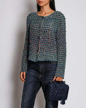 Chanel Blue Frayed Tweed Jacket with Denim CC Logo Buttons Size FR 42 (UK 14)