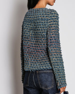 Chanel Blue Frayed Tweed Jacket with Denim CC Logo Buttons Size FR 42 (UK 14)