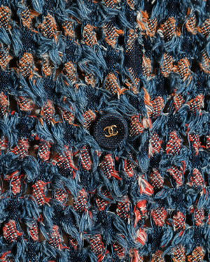 Chanel Blue Frayed Tweed Jacket with Denim CC Logo Buttons Size FR 42 (UK 14)
