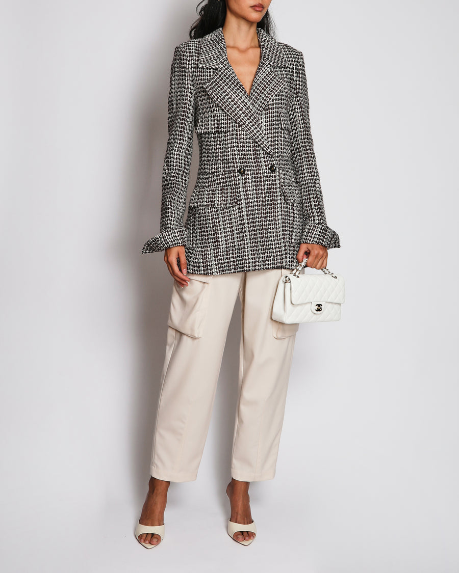 Chanel 01/A Brown and White Double-Breasted Grid-Patterned Jacket with Sequin Detail Size FR 38 (UK 10)