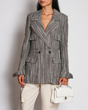 Chanel 01/A Brown and White Double-Breasted Grid-Patterned Jacket with Sequin Detail Size FR 38 (UK 10)