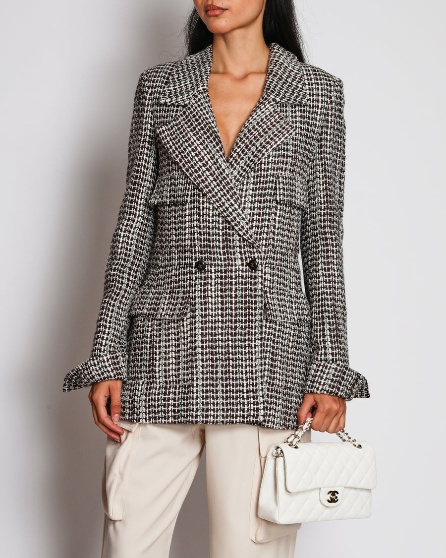 Chanel 01/A Brown and White Double-Breasted Grid-Patterned Jacket with Sequin Detail Size FR 38 (UK 10)