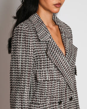 Chanel 01/A Brown and White Double-Breasted Grid-Patterned Jacket with Sequin Detail Size FR 38 (UK 10)