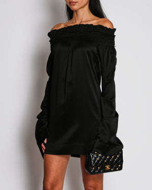 Saint Laurent Black Satin Off-Shoulder Mini Dress with Ruched Sleeve Detail Size UK 6-8