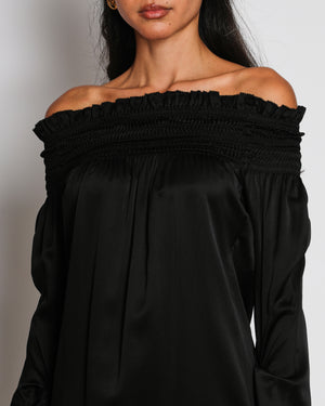 Saint Laurent Black Satin Off-Shoulder Mini Dress with Ruched Sleeve Detail Size UK 6-8