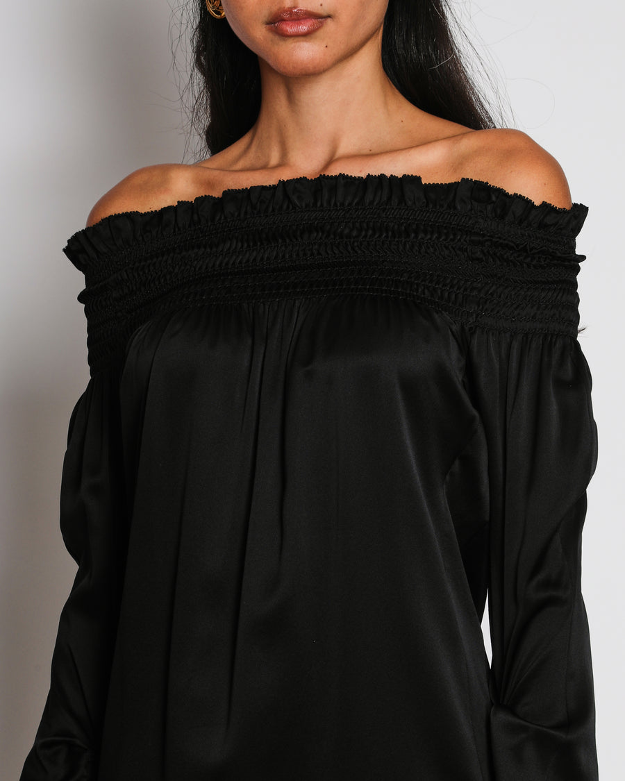 Saint Laurent Black Satin Off-Shoulder Mini Dress with Ruched Sleeve Detail Size UK 6-8