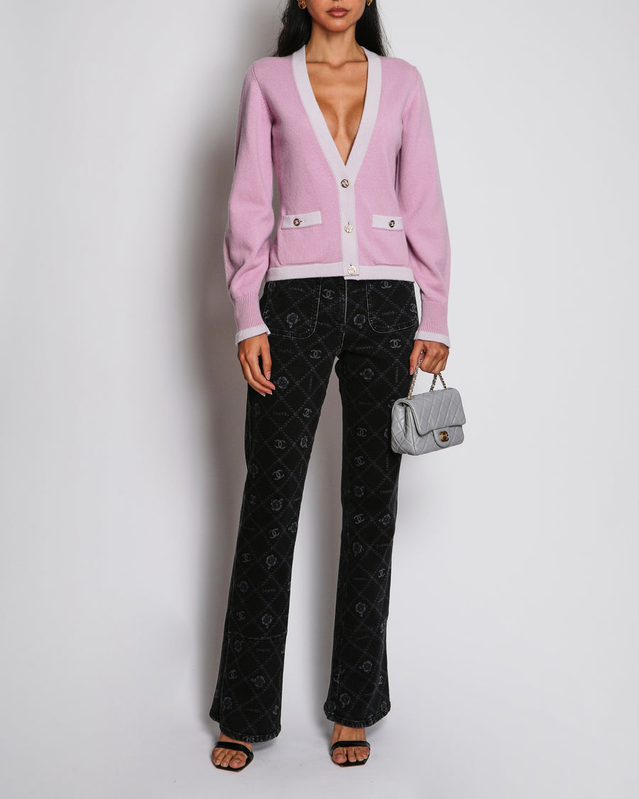 Chanel 23/S Pink Cashmere Cardigan with Lilac Contrast Trim Size FR 34 (UK 6)