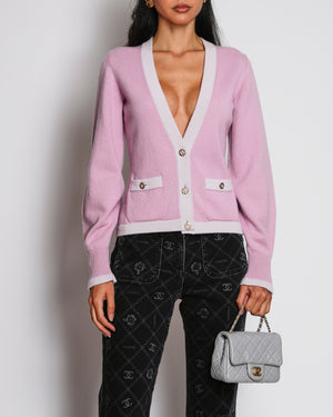 Chanel 23/S Pink Cashmere Cardigan with Lilac Contrast Trim Size FR 34 (UK 6)