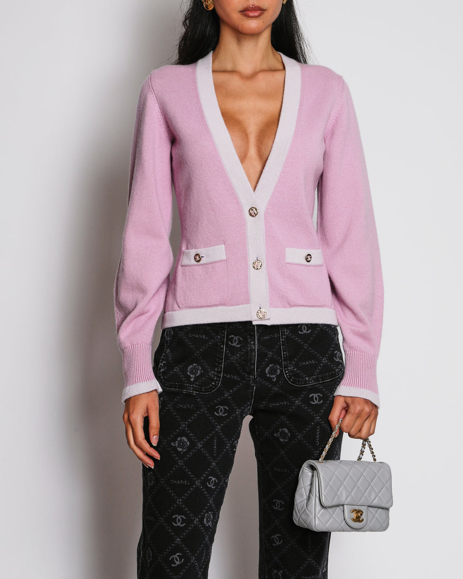 Chanel 23/S Pink Cashmere Cardigan with Lilac Contrast Trim Size FR 34 (UK 6)