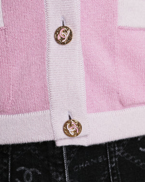 Chanel 23/S Pink Cashmere Cardigan with Lilac Contrast Trim Size FR 34 (UK 6)