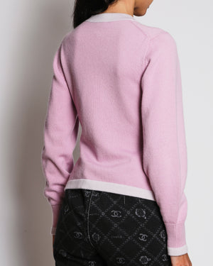 Chanel 23/S Pink Cashmere Cardigan with Lilac Contrast Trim Size FR 34 (UK 6)