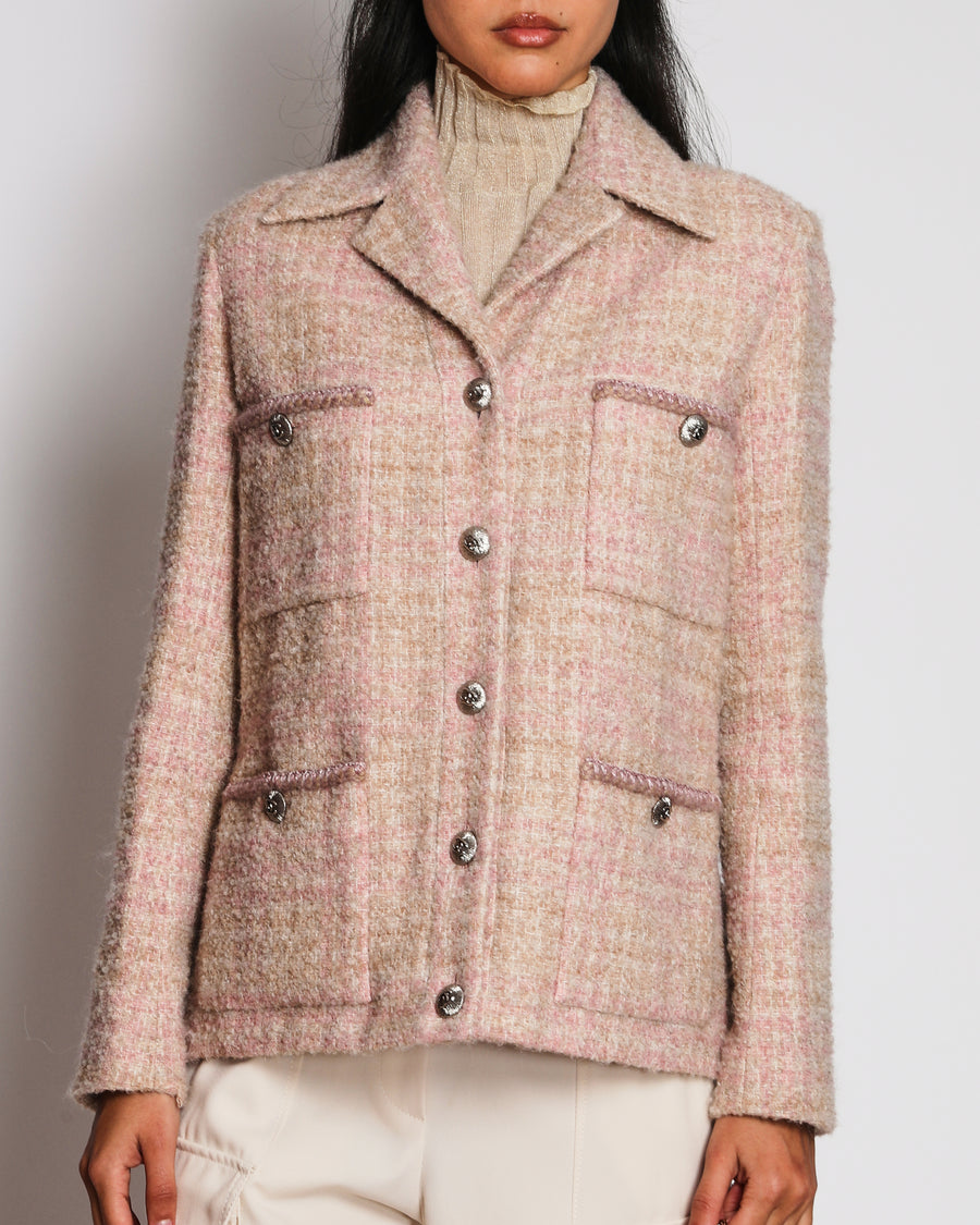 Chanel 24/A Pink and Beige Tweed Jacket with Silver CC Logo Buttons Size FR 36 (UK 8)