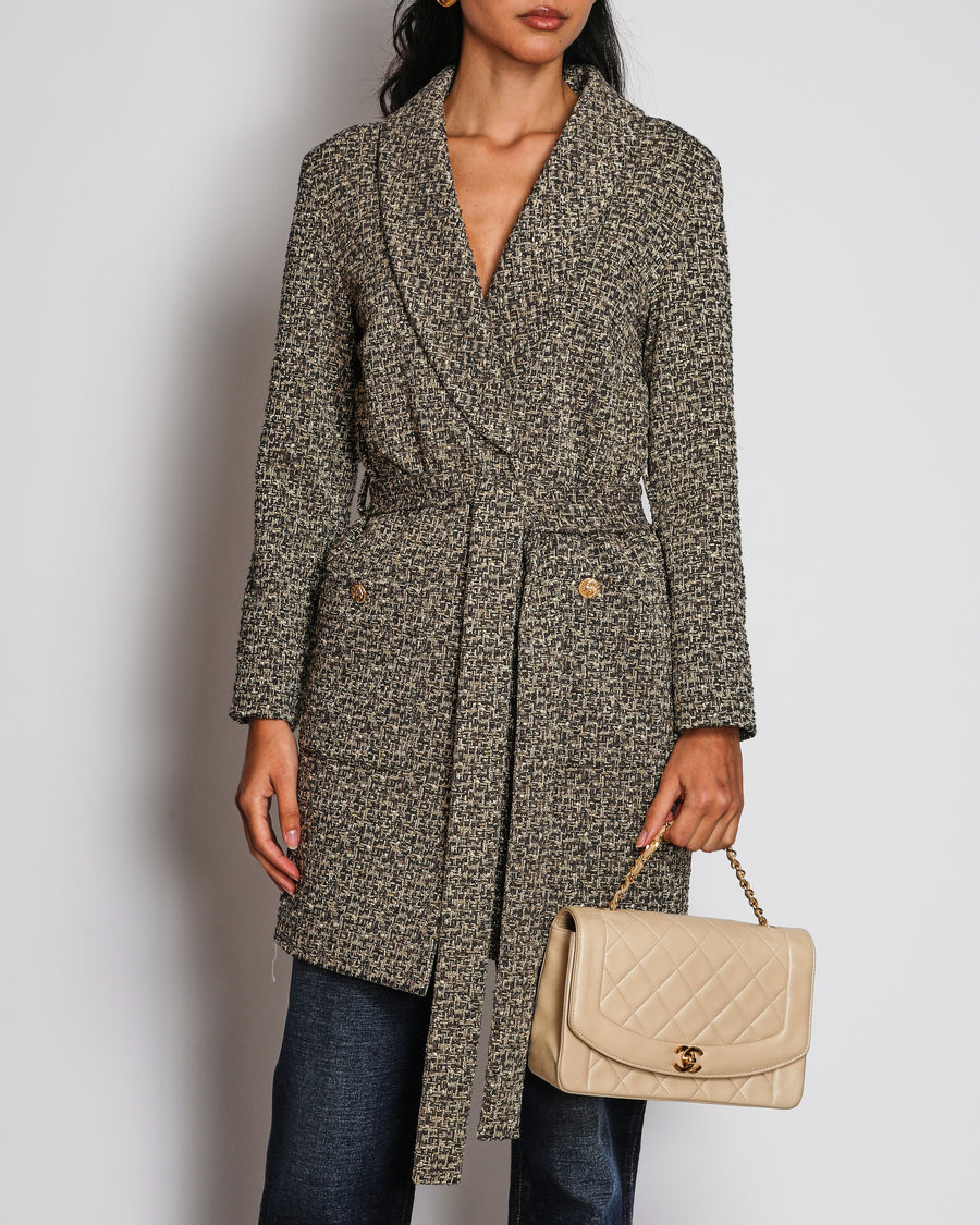 Chanel 16/A Gold and Black Lurex Tweed Jacket with Tie Belt Size FR 36 (UK 8)
