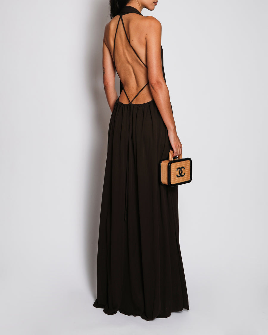 The Row Brown Pharao Gathered Jersey Crepe Gown with Open Back and Crossover Rear Straps Size UK 6