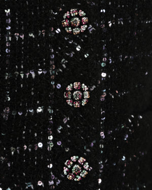 Chanel 22/K Black Collarless Sequin Button Down Cashmere Coat Size FR 34 (UK 6)