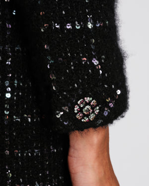 Chanel 22/K Black Collarless Sequin Button Down Cashmere Coat Size FR 34 (UK 6)