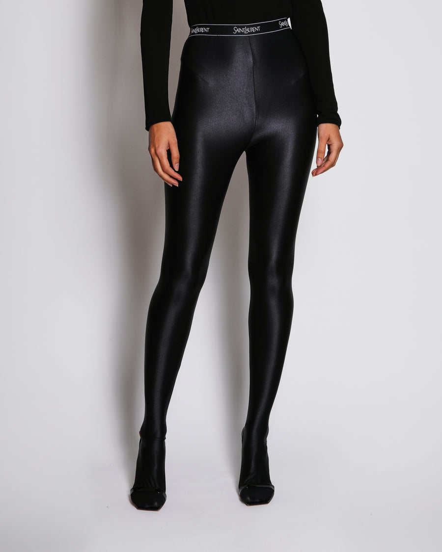 Saint Laurent Black Satin Footed Leggings with Logo Elastic Waist-Band Size S (UK 8)