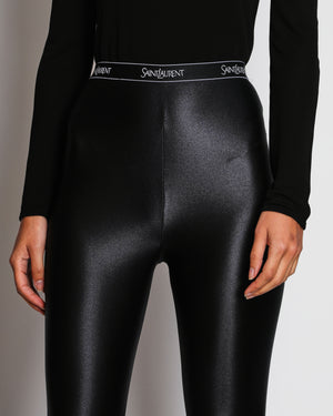 Saint Laurent Black Satin Footed Leggings with Logo Elastic Waist-Band Size S (UK 8)