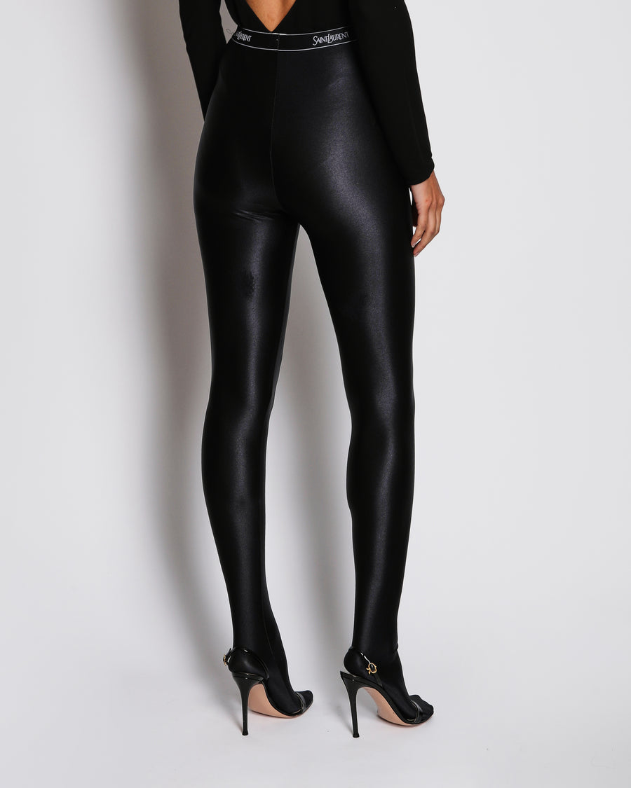 Saint Laurent Black Satin Footed Leggings with Logo Elastic Waist-Band Size S (UK 8)
