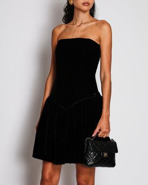 Chanel Black Velvet Bustier Drop Waist Mini Dress with Flower Logo Detail Size FR 38 (UK 10)