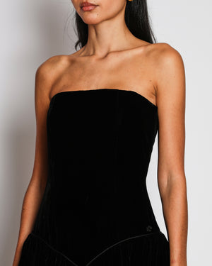 Chanel Black Velvet Bustier Drop Waist Mini Dress with Flower Logo Detail Size FR 38 (UK 10)