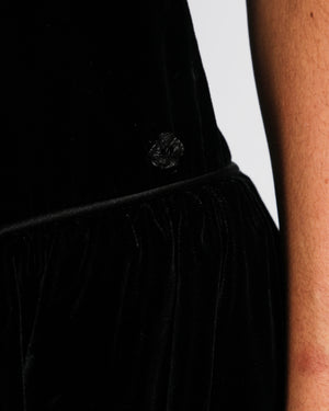 Chanel Black Velvet Bustier Drop Waist Mini Dress with Flower Logo Detail Size FR 38 (UK 10)