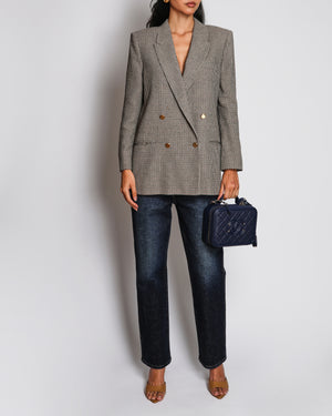 Gucci Brown, Beige and Navy Wool Checkered Double Breasted Blazer Jacket with Gold Buttons Size IT 40 (UK 8)
