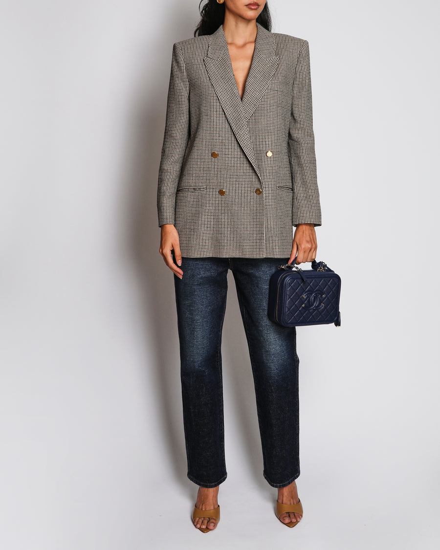 Gucci Brown, Beige and Navy Wool Checkered Double Breasted Blazer Jacket with Gold Buttons Size IT 40 (UK 8)